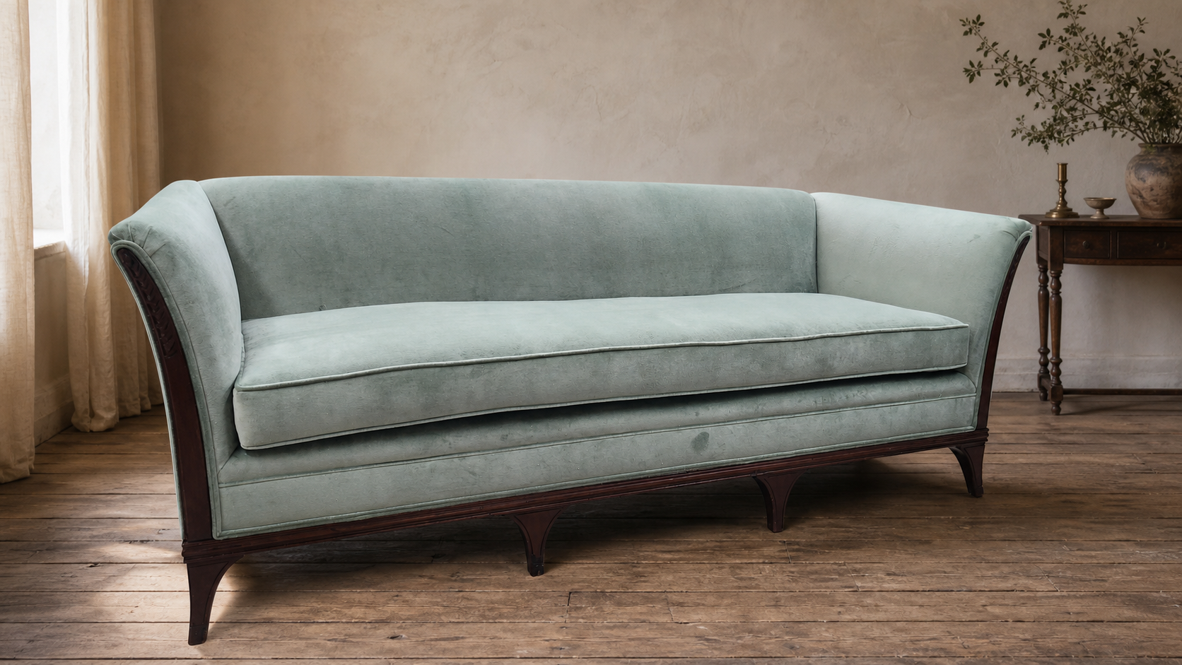 Sage velvet vintage settee restored by Plane and Pleat